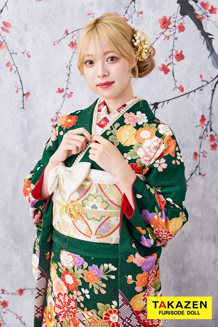 TAKAZENのレンタル振袖 激安お得！正統派古典　緑色/赤/グリーン　辻が花/御所車　王道　おしとやか　清楚振袖　大人っぽい【通販可】32079