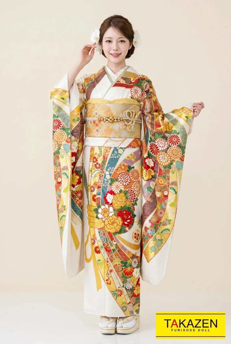 TAKAZENのレンタル振袖 プレミアム古典 白/ゴールド(金色) 熨斗柄 高級古典 豪華 金駒繍 金彩友禅 受賞柄【通販可】32085
