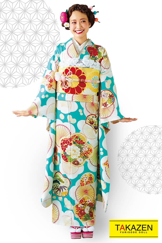 成人式人気着物 レンタルフルセット 通販可 成人式人気振袖 着物 通販レンタル 個性的おしゃれレトロポップ古典 お得で安い 白 ブルー 水色 3 レトロ古典 成人式はかわいいレトロ古典振袖 振袖 袴レンタルなら Takazen 大阪 心斎橋 堺 兵庫 神戸