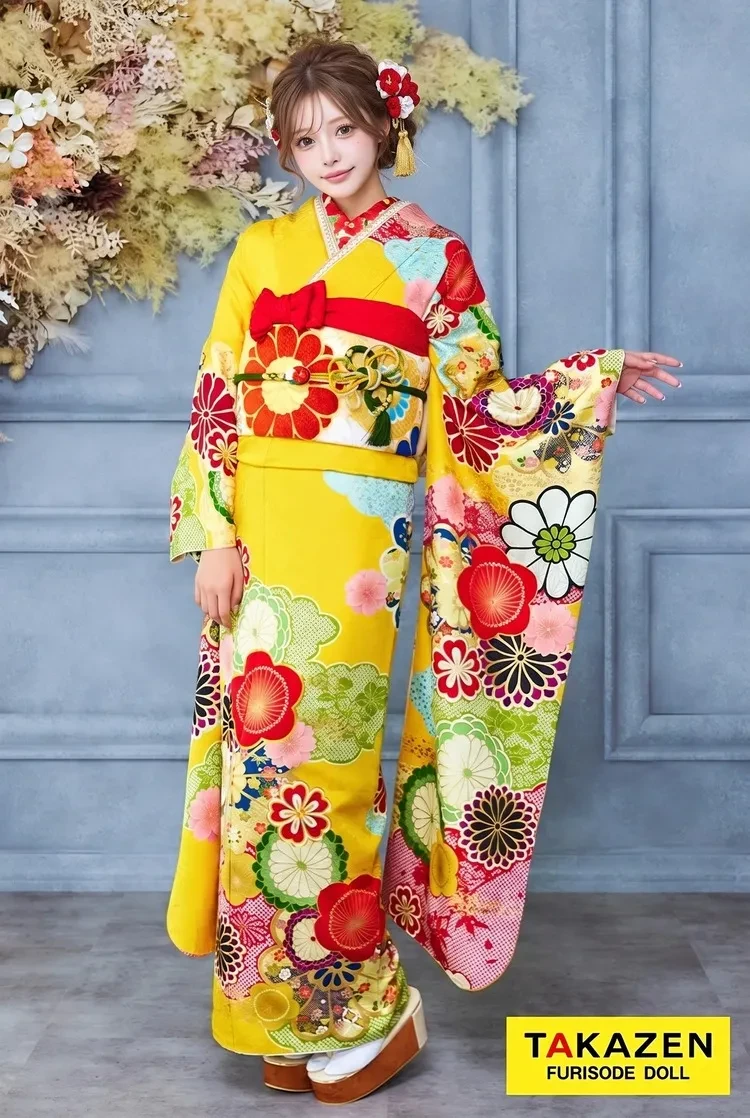 TAKAZENのレンタル振袖 格安レトロポップ古典　黄色　梅柄　モダン　ビタミンカラー　明るい　かわいい【通販可】32094