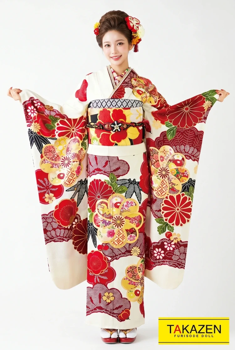TAKAZENのレンタル振袖 正統派古典 白/赤/アイボリー 花柄/大柄 目立つ古典振袖 高身長さんにもおすすめ ポップ【通販可】32095