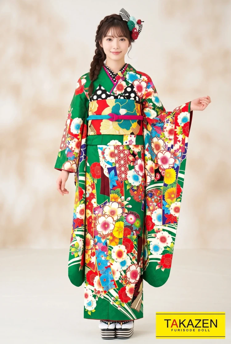 TAKAZENのレンタル振袖 レトロ　黄/赤/グリーン(緑色)　小花柄　モダン振袖　個性的古典柄　おしゃれ【通販可】32099
