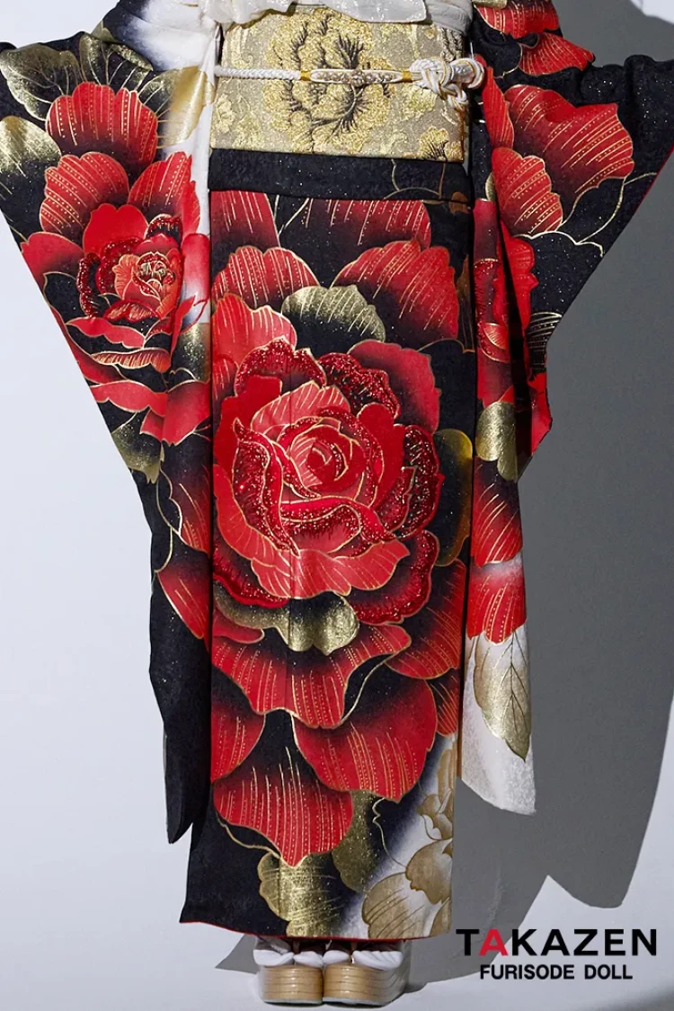 TAKAZENのレンタル振袖 モード系グラマラス 赤/黒/金 バラ/大柄 派手かわいい キラキラ 目立つ ギャル振袖 グラマラス スワロフスキー付き かっこいい 谷田ラナ【通販可】 32103