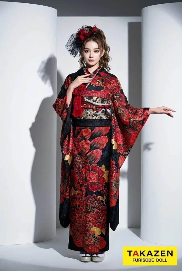 TAKAZENのレンタル振袖 モード 黒/赤/金 牡丹柄/和柄 華やか 大人っぽい ギャル振袖 グラマラス系 豪華 セクシー 花魁風【通販可】32109