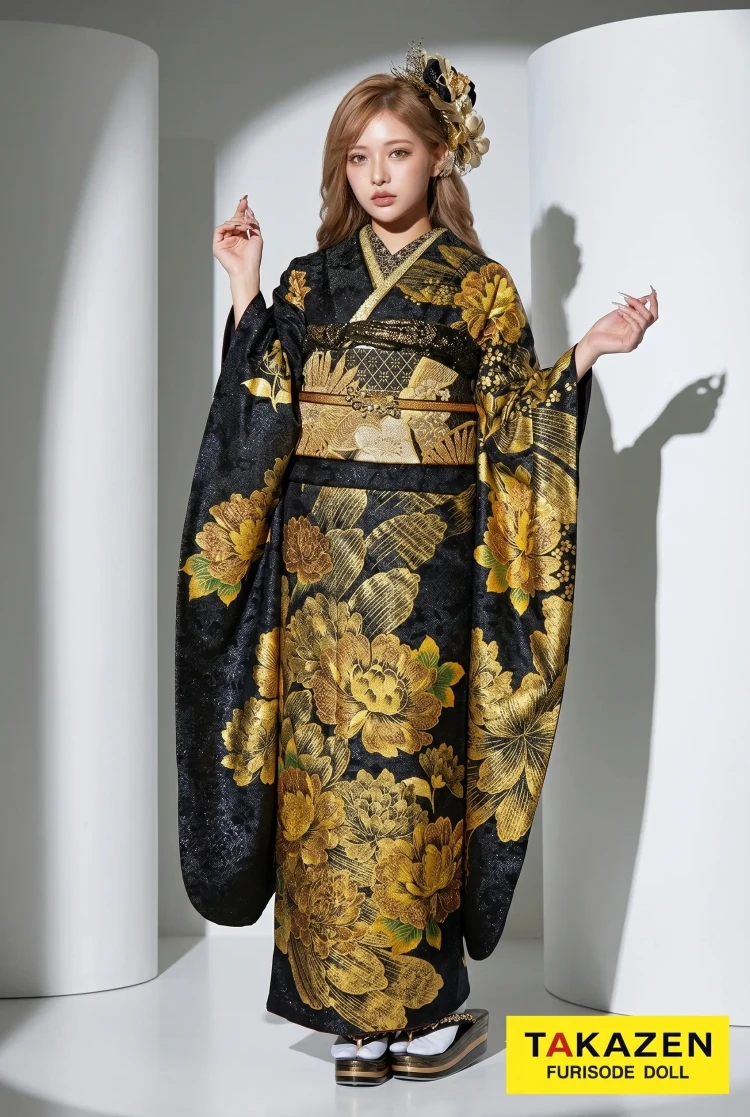 TAKAZENのレンタル振袖 かっこいい系 黒/金/ゴールド 牡丹柄 派手 人気 大人っぽい 綺麗系振袖 渋い グラマラス【通販可】32110