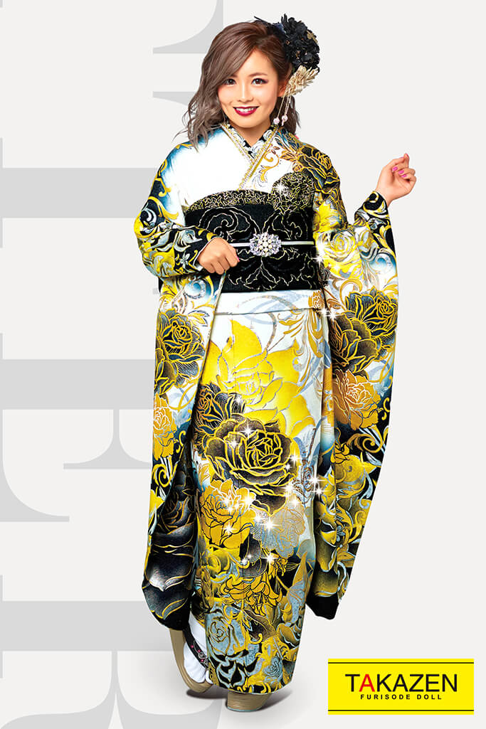 成人式人気振袖 レンタルフルセット 通販可 派手かっこいいモード 豪華薔薇柄 白 黒 ゴールド 金色 Mode 成人式振袖は 派手 で目立つモード系振袖 振袖 袴レンタルなら Takazen 大阪 心斎橋 堺 兵庫 神戸 奈良の店舗へ