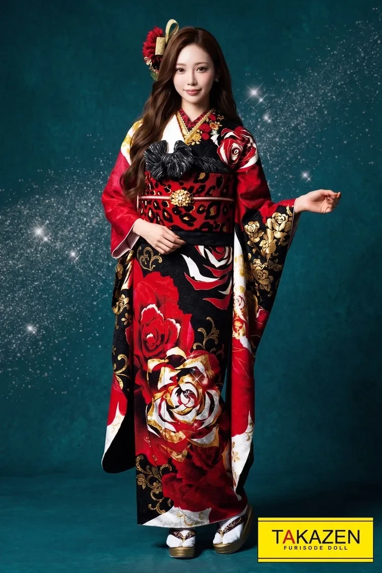 TAKAZENのレンタル振袖 激安モード　赤/黒/金　バラ柄　人気　派手かっこいい　ギャル振袖　ヒョウ柄帯コーディネート【通販可】32115