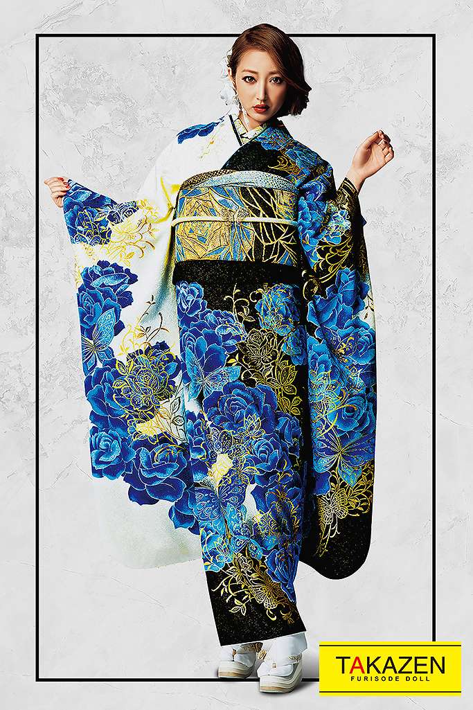 TAKAZENのレンタル振袖 グラマラス系　ブルー(青)/白/黒　バラ柄/柄多め　モード　人気　クール　派手　かわいい　目立つ振袖【通販可】32116