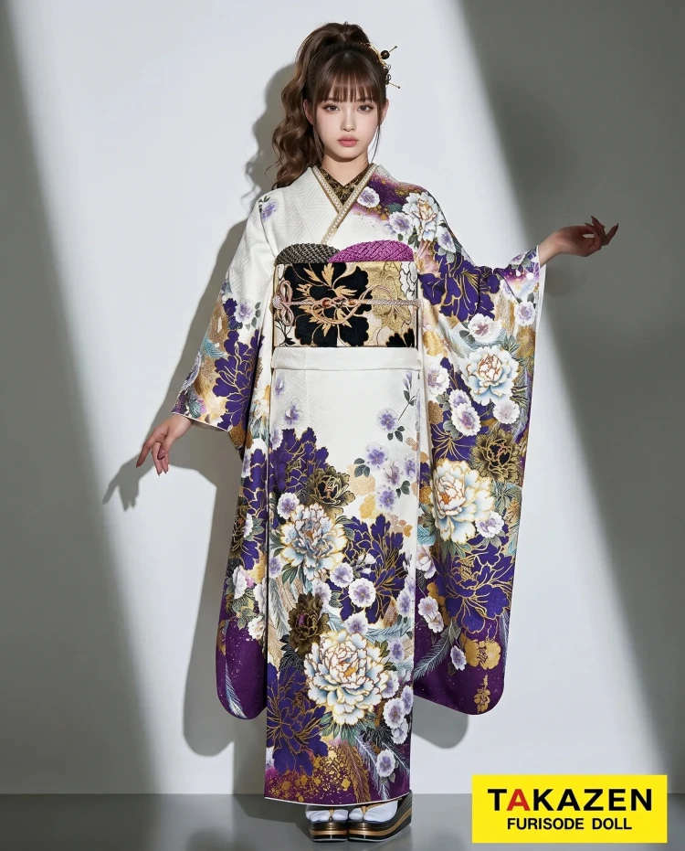 TAKAZENのレンタル振袖 安い！クール系　白/紫/ゴールド(金色)　ボタン柄/和柄　大人気　モード　派手振袖　かっこいい　ギャル　ぴょな【通販可】　32118