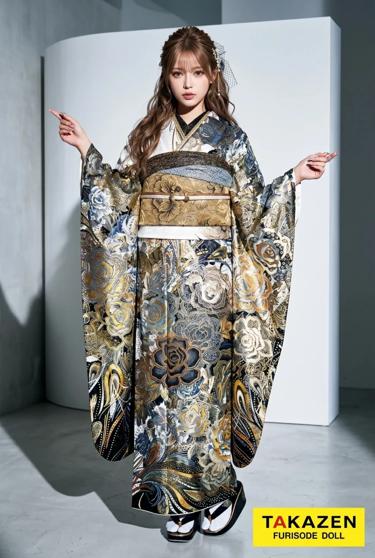 TAKAZENのレンタル振袖 グラマラスモード シルバー/黒/白 薔薇柄 人気 派手 かっこいい振袖 目立つ ゴージャス ギャル スパンコール【通販可】32120