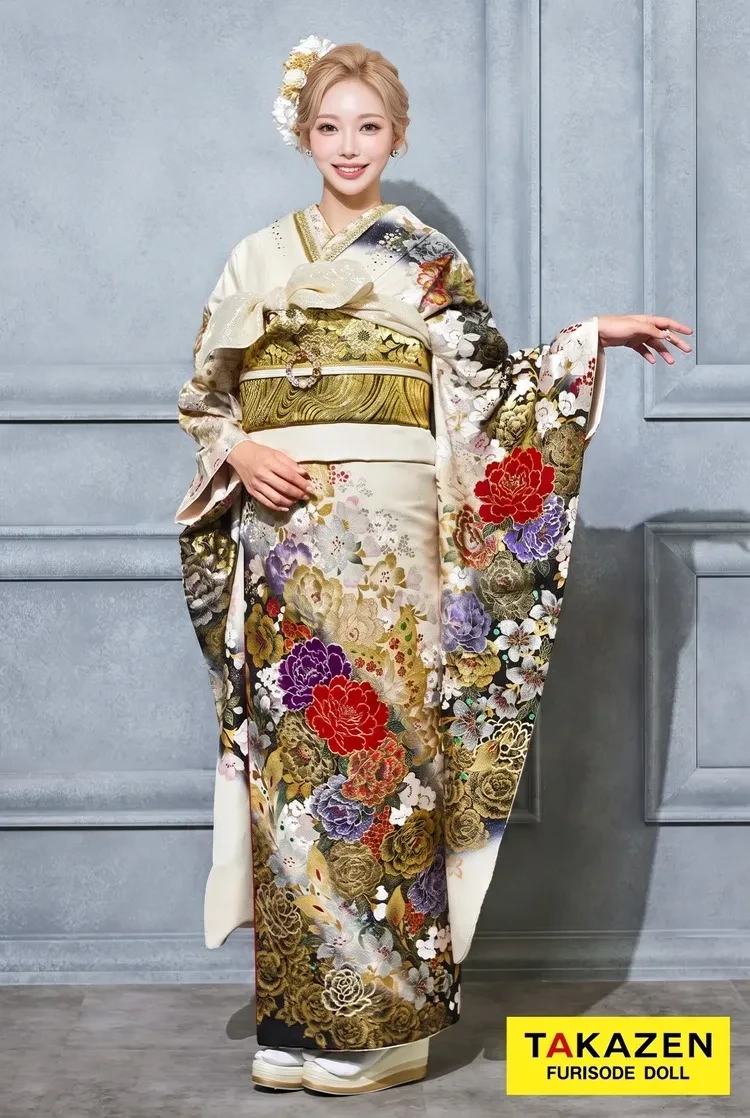 TAKAZENのレンタル振袖 格安モード系 白/金 牡丹柄 桂由美デザイン振袖 かっこいい 派手 目立つ 渋い キラキラスワロフスキー付き【通販可】32122
