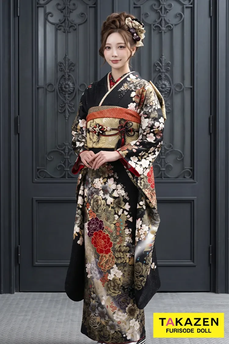 TAKAZENのレンタル振袖 格安モード系　黒/ゴールド(金色)　牡丹柄　花魁風　渋い　ギャル振袖　桂由美デザイン　目立つ【通販可】32123
