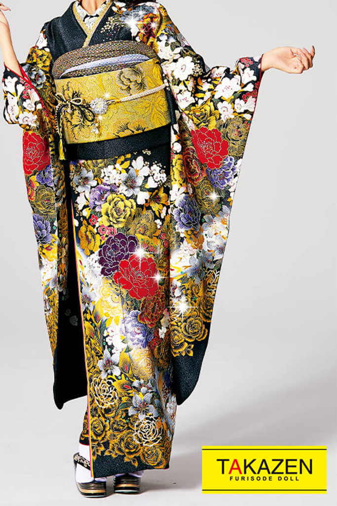 TAKAZENのレンタル振袖 モード　黒/ゴールド(金色)　牡丹柄　系花魁風　渋い　ギャル振袖　桂由美デザイン　目立つ【通販可】32123