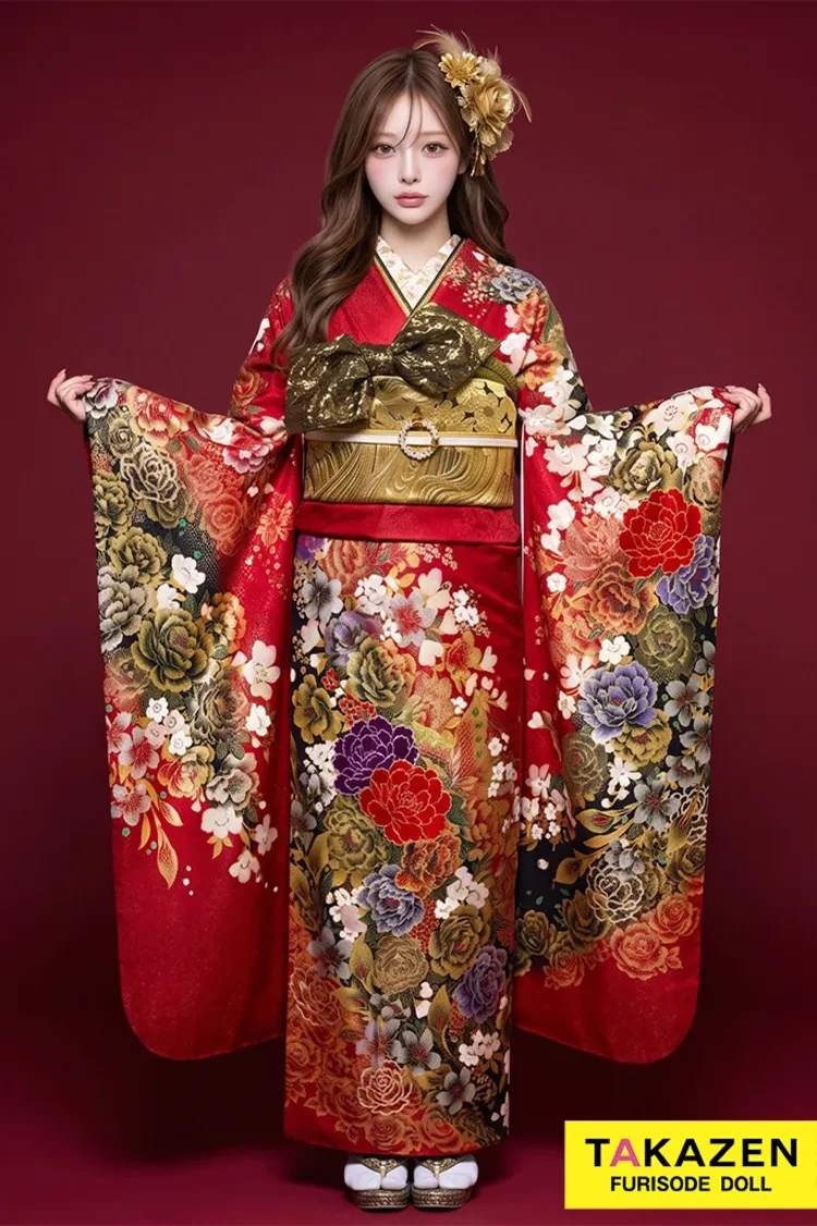 TAKAZENのレンタル振袖 激安モード系 赤 牡丹柄 桂由美デザイン振袖 かっこいい セクシー 派手 目立つ【通販可】32124