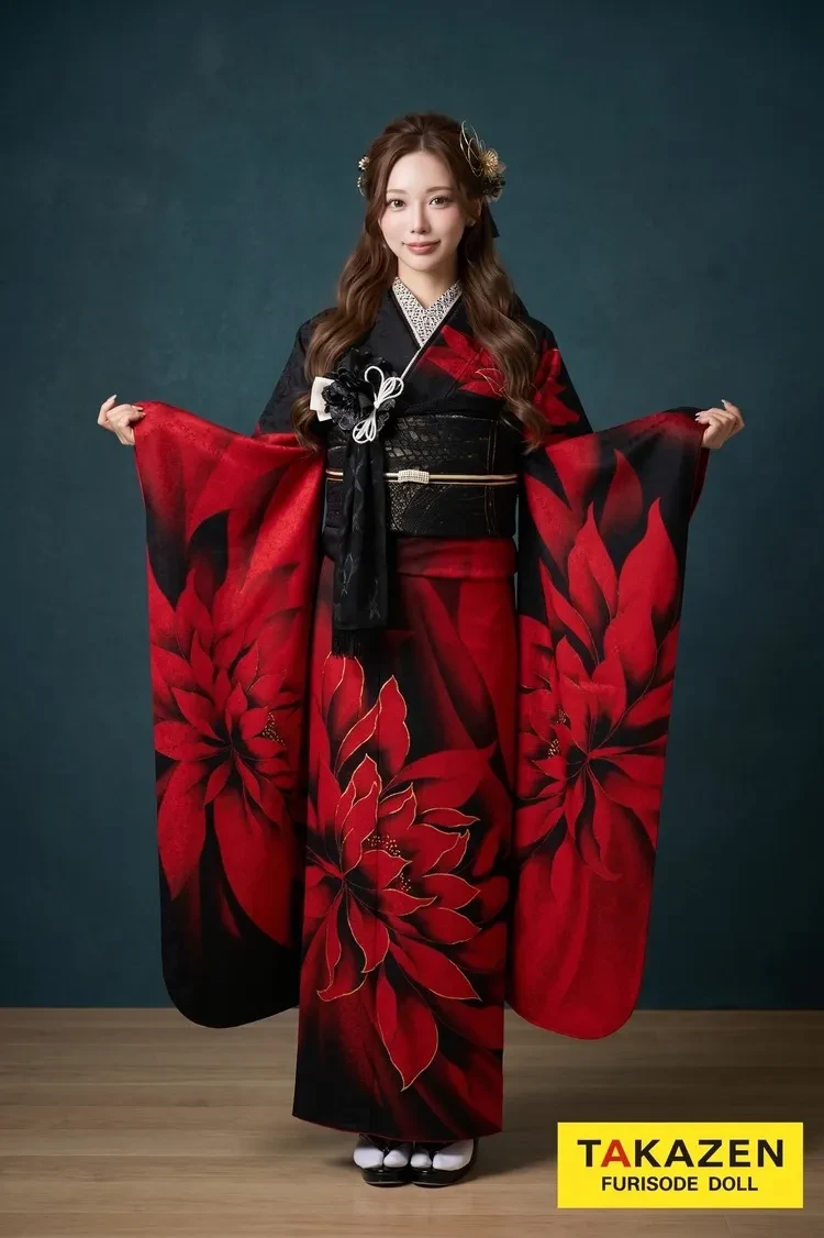 TAKAZENのレンタル振袖 格安モード　黒/赤　大柄/蓮柄　シンプル　クール　ブーツスタイル　かっこいい　ギャル振袖【通販可】　32131