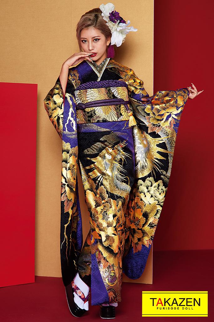 渋いジャパンモード花魁風 龍柄派手目立つ 紫 黒 ゴールド 金色 Japan Mode 成人式振袖 卒業式袴レンタル 前撮りなら Takazen 大阪 梅田 心斎橋 堺 兵庫 神戸 奈良の店舗へ
