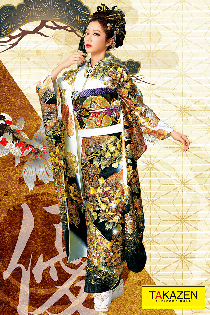 綺麗目花魁風振袖ジャパンモード 派手目立つ 白 黒 ゴールド 金色 Japan Mode 成人式振袖 卒業式 袴レンタル 前撮りなら Takazen 大阪 梅田 心斎橋 堺 兵庫 神戸 奈良の店舗へ