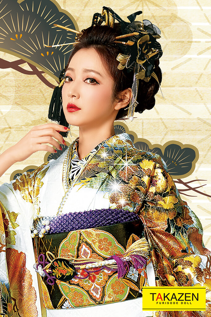 綺麗目花魁風振袖ジャパンモード 派手目立つ 白 黒 ゴールド 金色 Japan Mode 成人式振袖 卒業式 袴レンタル 前撮りなら Takazen 大阪 梅田 心斎橋 堺 兵庫 神戸 奈良の店舗へ