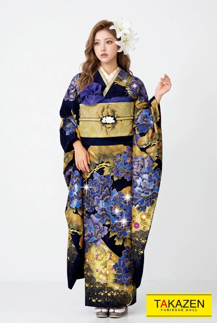 TAKAZENのレンタル振袖 ジャパンモード　紫/黒/金　花魁風　かっこいい　派手振袖　大人っぽい　渋い【通販可】32139