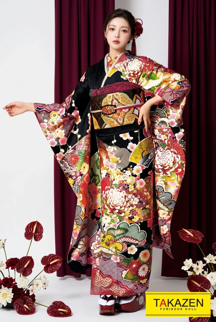 TAKAZENのレンタル振袖 ジャパンモード　白/黒/ゴールド(金色)　乱菊柄　渋い　豪華　花魁風振袖　華やか　かっこいい【通販可】32145