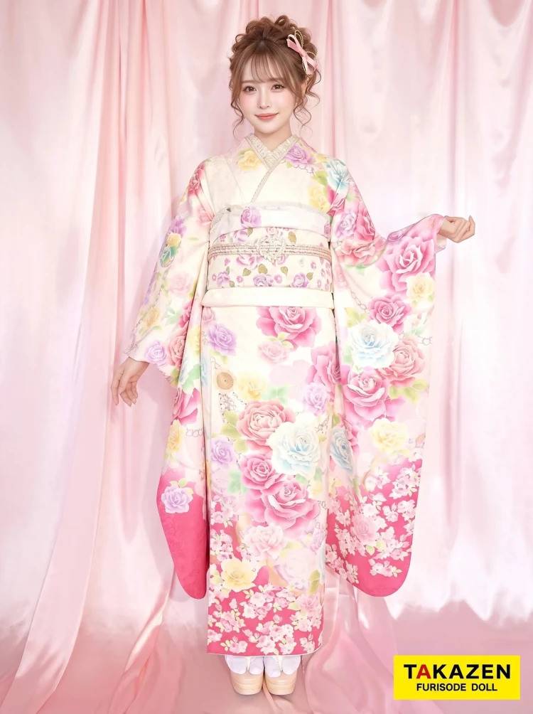 TAKAZENのレンタル振袖 キュートガーリー　白/ピンク/ブルー(水色)　バラ柄　甘めガーリー　ゆめかわいい　プリンセス　リズリサ風　量産型【通販可】32148