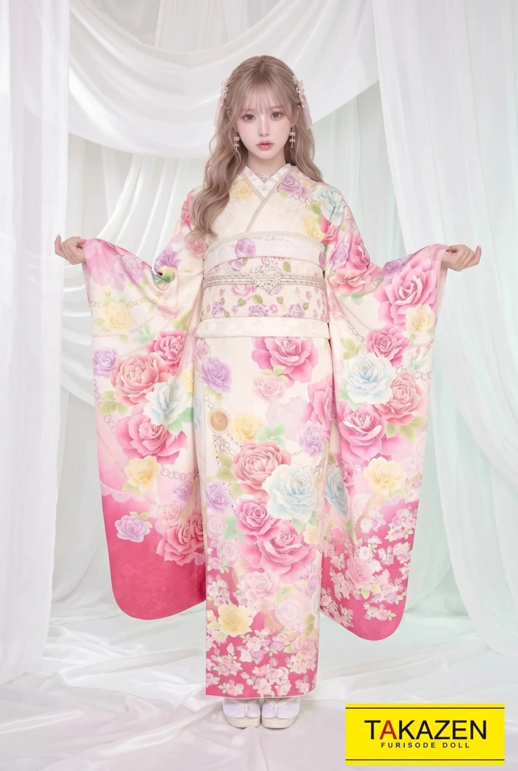 TAKAZENのレンタル振袖 キュートガーリー　白/ピンク/ブルー(水色)　バラ柄　甘めガーリー　ゆめかわいい　プリンセス　リズリサ風　量産型【通販可】32148