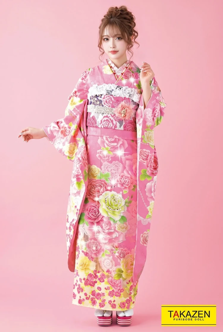 TAKAZENのレンタル振袖 キュートガーリー　ピンク　バラ柄　ゆるふわ　ゆめかわいい振袖　リズリサ好きの女の子におすすめの振袖　ラブリー【通販可】32150