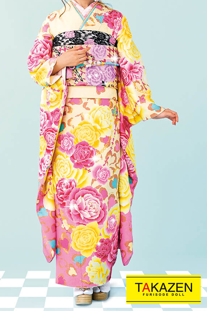 TAKAZENのレンタル振袖 キュートガーリー　黄色/ピンク　ヒョウ柄　量産型　ゆるふわ　かわいい　ポップ【通販可】32155
