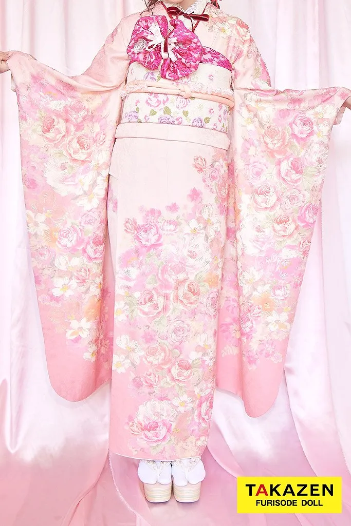 TAKAZENのレンタル振袖 リズリサ(LIZLISA)　白/赤/ピンク　バラ柄　大人気　ゆるふわ　量産型　かわいい【通販可】32158