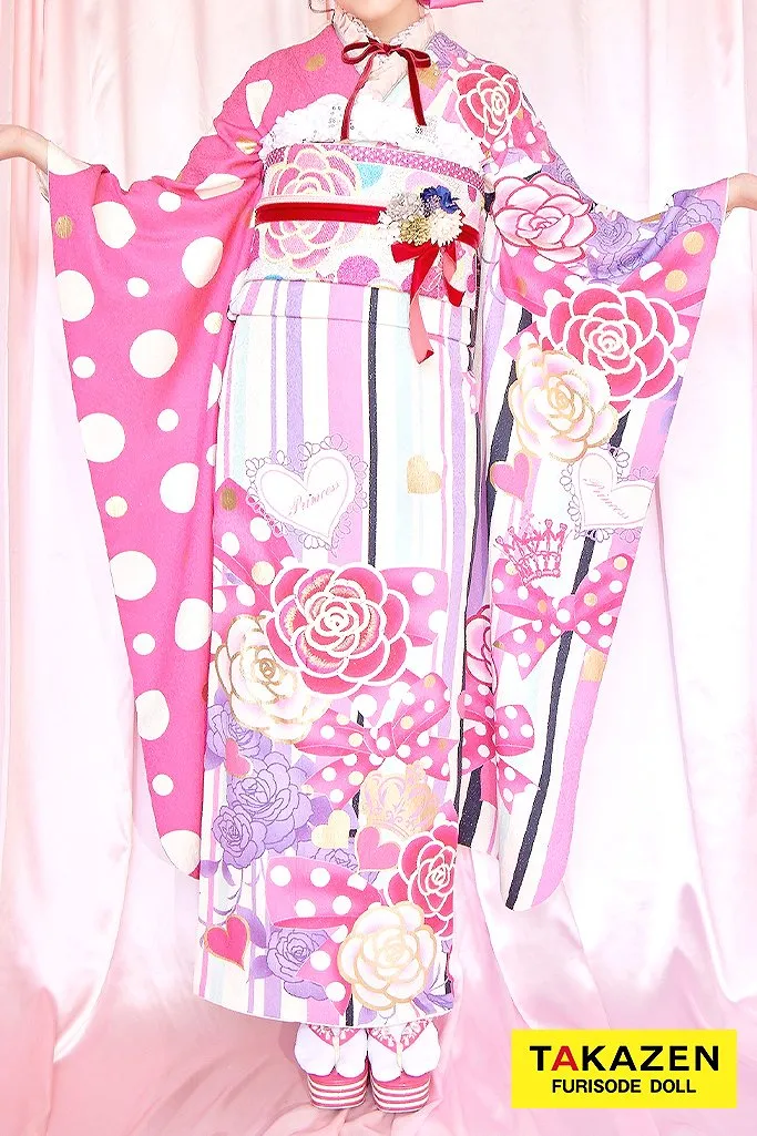 TAKAZENのレンタル振袖 キュートポップ(Barbie振袖)　白/ピンク　カメリア柄　派手目　ストライプ　個性的　人と被らない　【通販可】32159