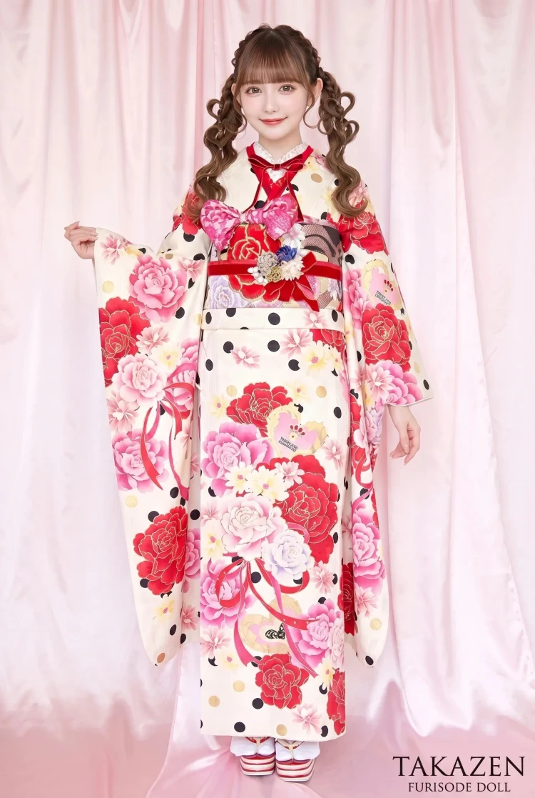 TAKAZENのレンタル振袖 かわいい量産型　白/ピンク/赤　ドット柄/リボン柄　被らない　メルヘンコーデ　ガーリー【通販可】32160