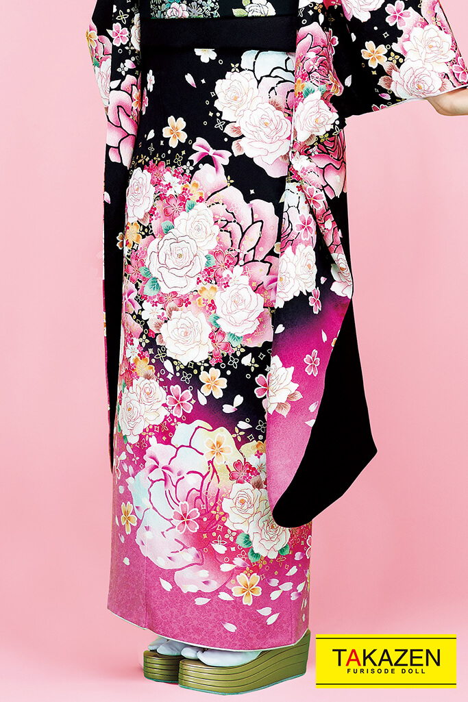 TAKAZENのレンタル振袖 キュートガーリー　黒/ピンク　量産柄　バラ柄　ゆめかわいい　ラブリー【通販可】32162