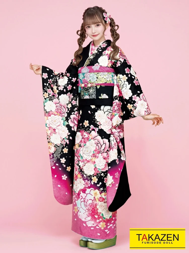 TAKAZENのレンタル振袖 キュートガーリー　黒/ピンク　量産柄　バラ柄　病みかわ　ラブリー　地雷系　目立つ　【通販可】32162