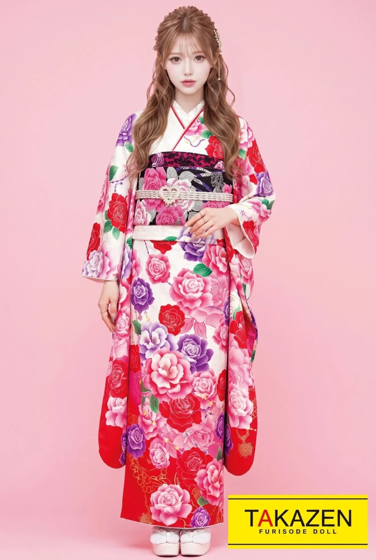 TAKAZENのレンタル振袖 キュートガーリー 白/ピンク/赤 薔薇柄 量産型 かわいい プリンセス振袖 ゆるふわ【通販可】32163