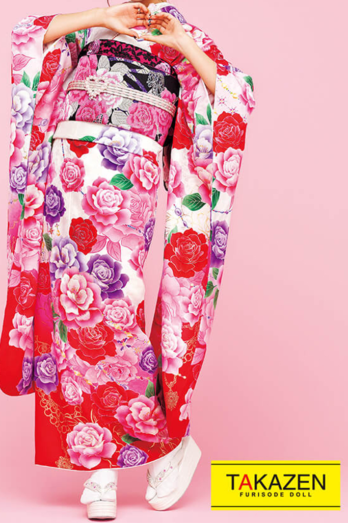 TAKAZENのレンタル振袖 キュートガーリー　白/ピンク/赤　薔薇柄　量産型　かわいい　プリンセス振袖　ゆるふわ【通販可】32163