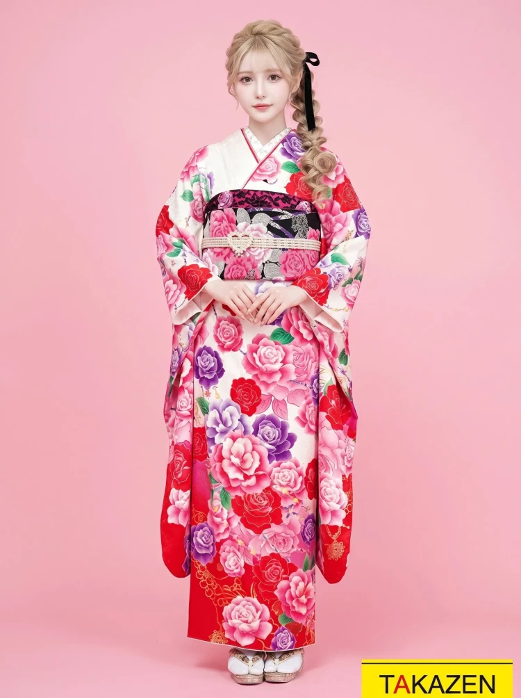 TAKAZENのレンタル振袖 キュートガーリー　白/ピンク/赤　薔薇柄　量産型　かわいい　プリンセス振袖　ゆるふわ【通販可】32163