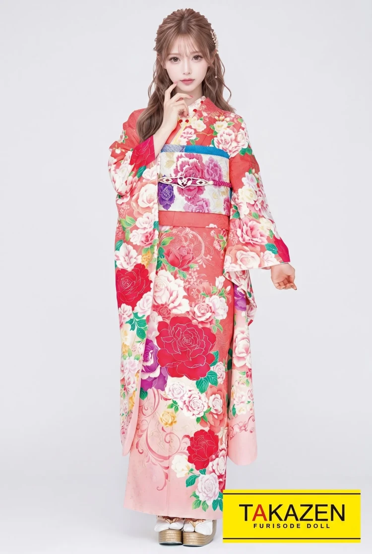 TAKAZENのレンタル振袖 キュートガーリー サーモンピンク/パステルカラー 薔薇柄 かわいい 女の子らしい 量産型【通販可】32164