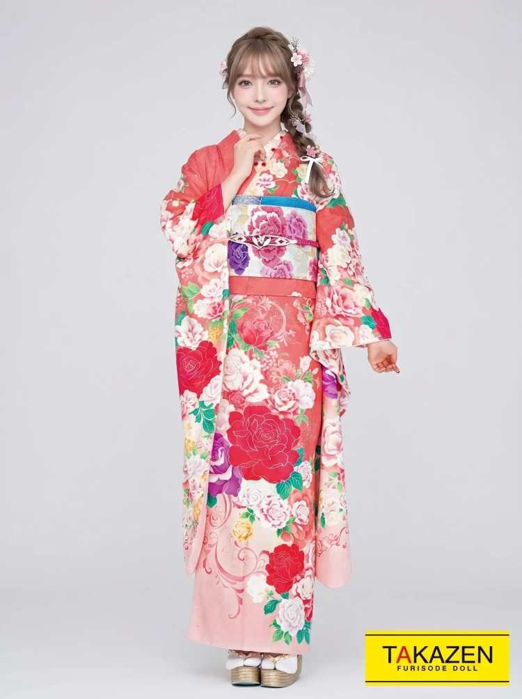 TAKAZENのレンタル振袖 キュートガーリー　サーモンピンク/パステルカラー　薔薇柄　かわいい　女の子らしい　量産型【通販可】32164