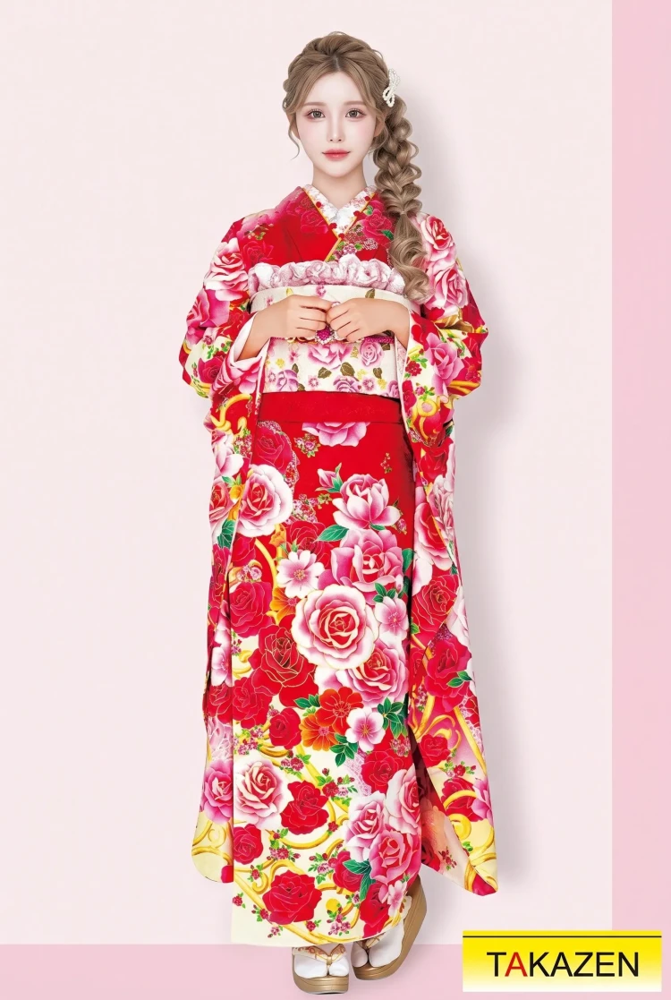 TAKAZENのレンタル振袖 キュートガーリー　赤/クリーム　バラ柄　ゆめかわいい　かわいい系振袖　ラブリー　姫系【通販可】32165