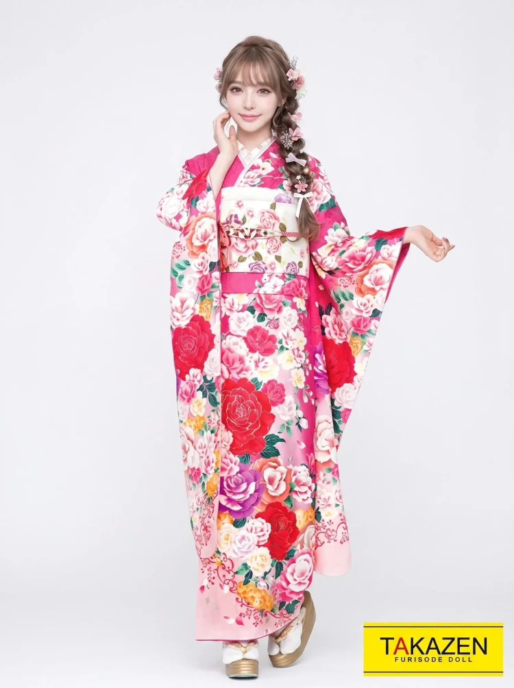 ちゃん 振袖単体 ◆165.5cm人気の白系・ピンク花柄 正絹FL54 くすみカラーガーリー 白/ピンク/淡色 椿柄 かわいい リボン小物コーデ