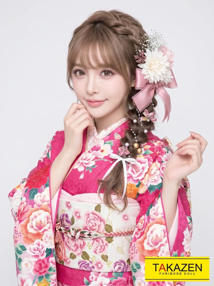 TAKAZENのレンタル振袖 キュートガーリー　ピンク　薔薇柄　姫系振袖　ゆめかわいい　華やか　ラブリー【通販可】32166