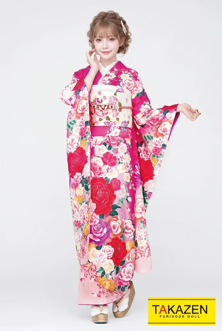 TAKAZENのレンタル振袖 キュートガーリー ピンク 薔薇柄 姫系振袖 ゆめかわいい 華やか ラブリー【通販可】32166