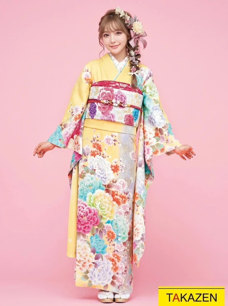 TAKAZENのレンタル振袖 キュート系　黄色/水色/パステルカラー　薔薇柄　かわいい　ゆるふわ　かわいい振袖　量産型　ラブリー【通販可】32167