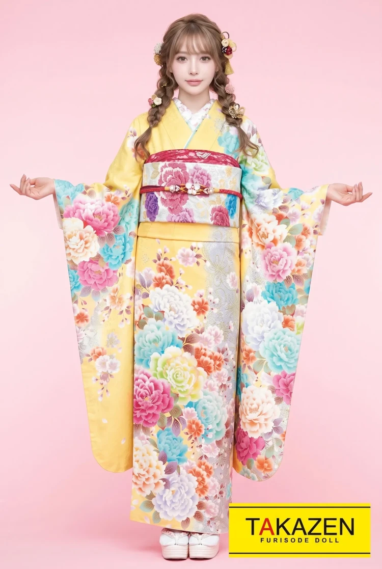 TAKAZENのレンタル振袖 キュート系　黄色/水色/パステルカラー　薔薇柄　かわいい　ゆるふわ　かわいい振袖　量産型　ラブリー【通販可】32167