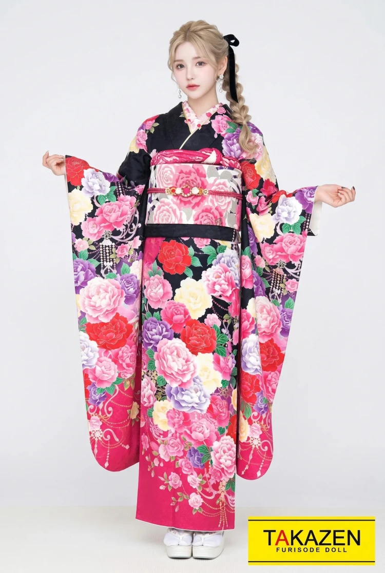 TAKAZENのレンタル振袖 キュートガーリー　黒ピンク　バラ柄　病みかわいい　地雷系　可愛い振袖　ゆるふわ【通販可】32168