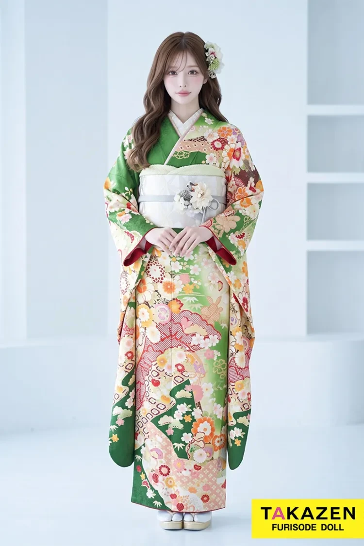 TAKAZENのレンタル振袖 激安正統派古典　黄緑色/グリーン　牡丹柄　上品　可愛い　おしとやか振袖　格安プライス【通販可】32170