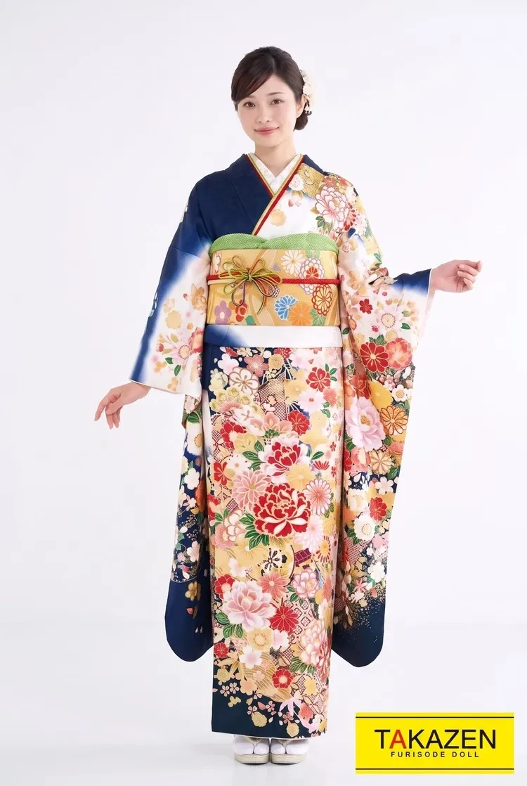 TAKAZENのレンタル振袖 激安正統派古典　白/紺/ネイビー　ボタン柄　衝撃価格　おしとやか　上品柄振袖　格安　【通販可】　32172
