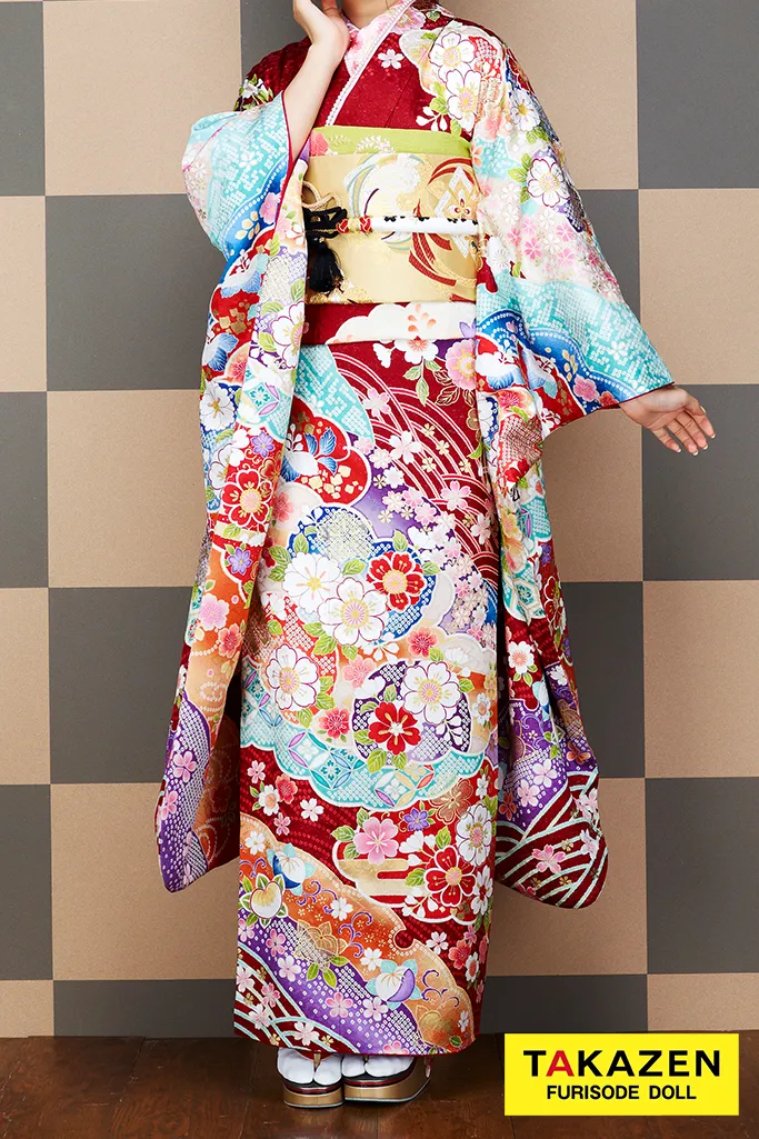 TAKAZENのレンタル振袖 安い正統派古典　赤/ブルー(水色)　桜柄　可愛い　振袖　華やか　清楚　【通販可】　32173