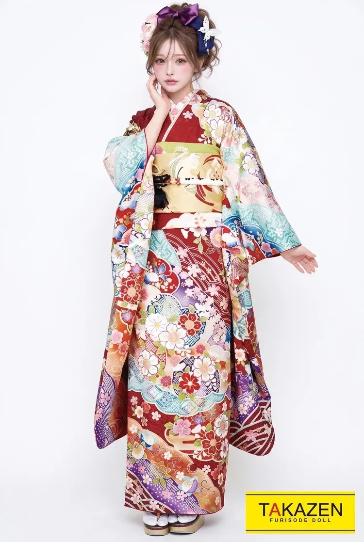 TAKAZENのレンタル振袖 安い正統派古典　赤/ブルー(水色)　桜柄　可愛い　振袖　華やか　清楚　【通販可】　32173