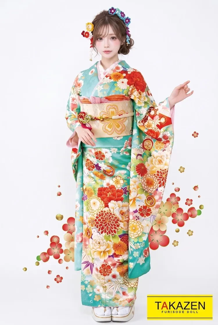 TAKAZENのレンタル振袖 お得正統派古典　水色/オレンジ/淡色　牡丹柄/菊柄　安い　可愛い　上品古典振袖　人と被らない【通販可】32176
